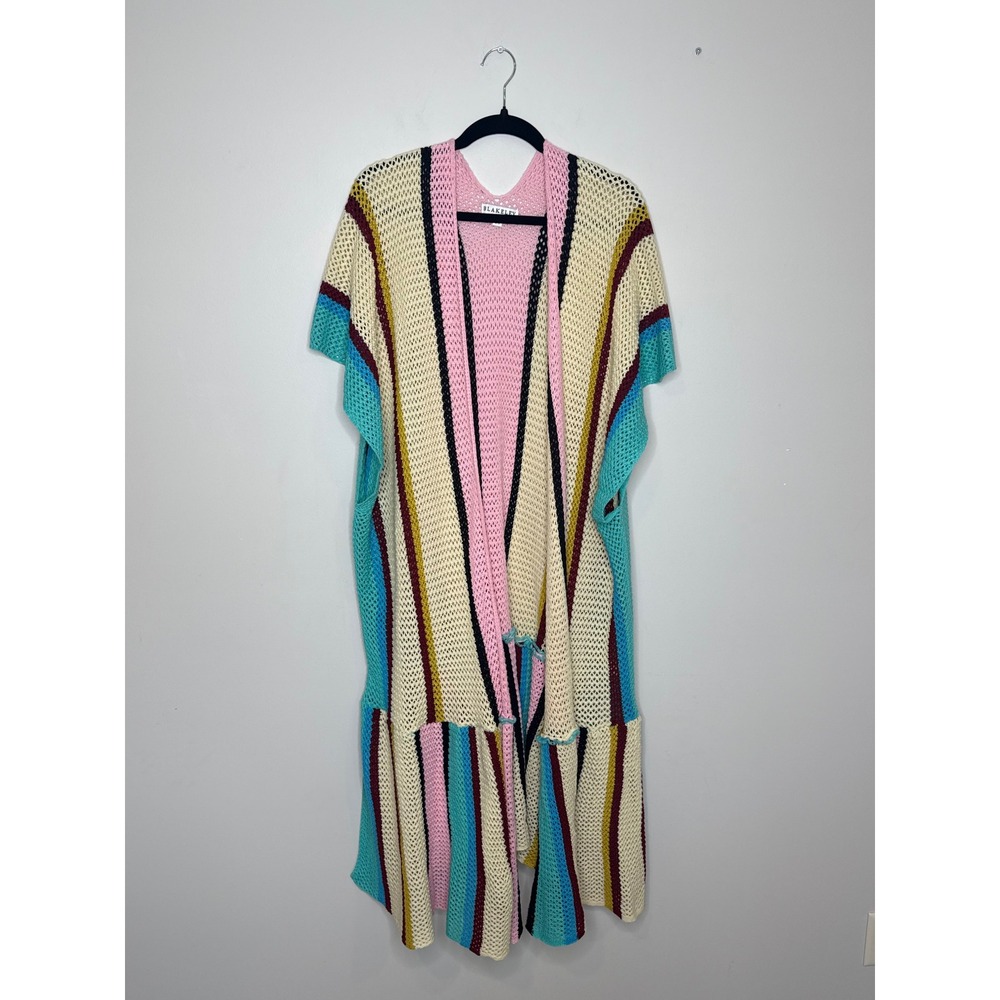 Blakeley Womens OS Crochet Knit Open Front Maxi Duster Cardigan Striped Boho 50"